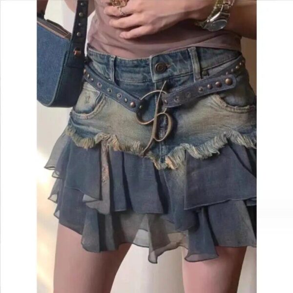 Y2k Vintage Patchwork Denim Mini Skirt – Summer Harajuku A-line Fashion