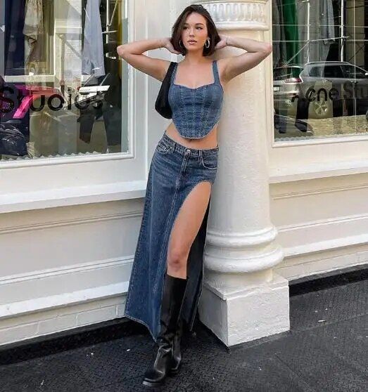 High-Waist Side Slit Denim Maxi Skirt – Summer Streetwear Essential
