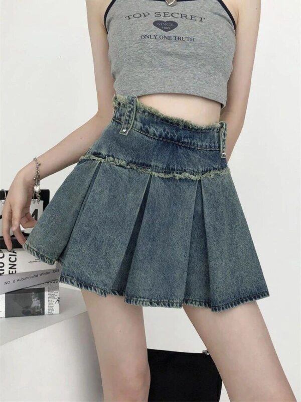 High Waist Denim Pleated Mini Skirt | Vintage A-Line Streetwear