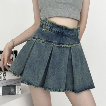 High Waist Denim Pleated Mini Skirt | Vintage A-Line Streetwear
