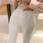 High Waist Skinny White Denim Pencil Jeans - Vintage Stretch