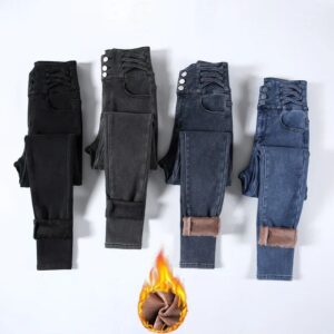 High Waist Fleece-Lined Skinny Denim Pants – Women’s Winter Warm Stretch Jeans