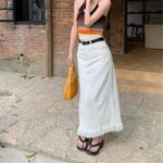 High-Waist Tassel Denim Long Skirt