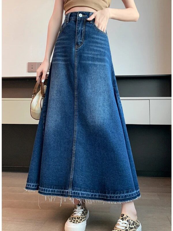 Spring-Summer Casual Tassel Maxi Denim Skirt – High Waist & Pockets