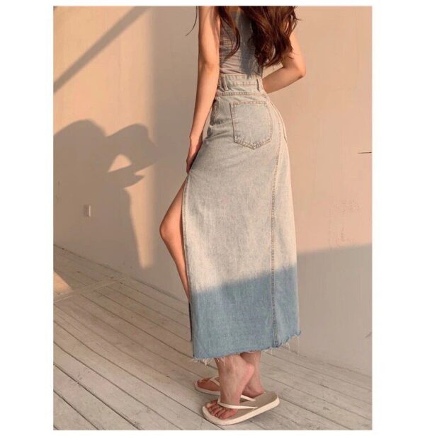 Summer Vintage Denim Maxi Skirt with Side Split – Casual Long Jean Skirt