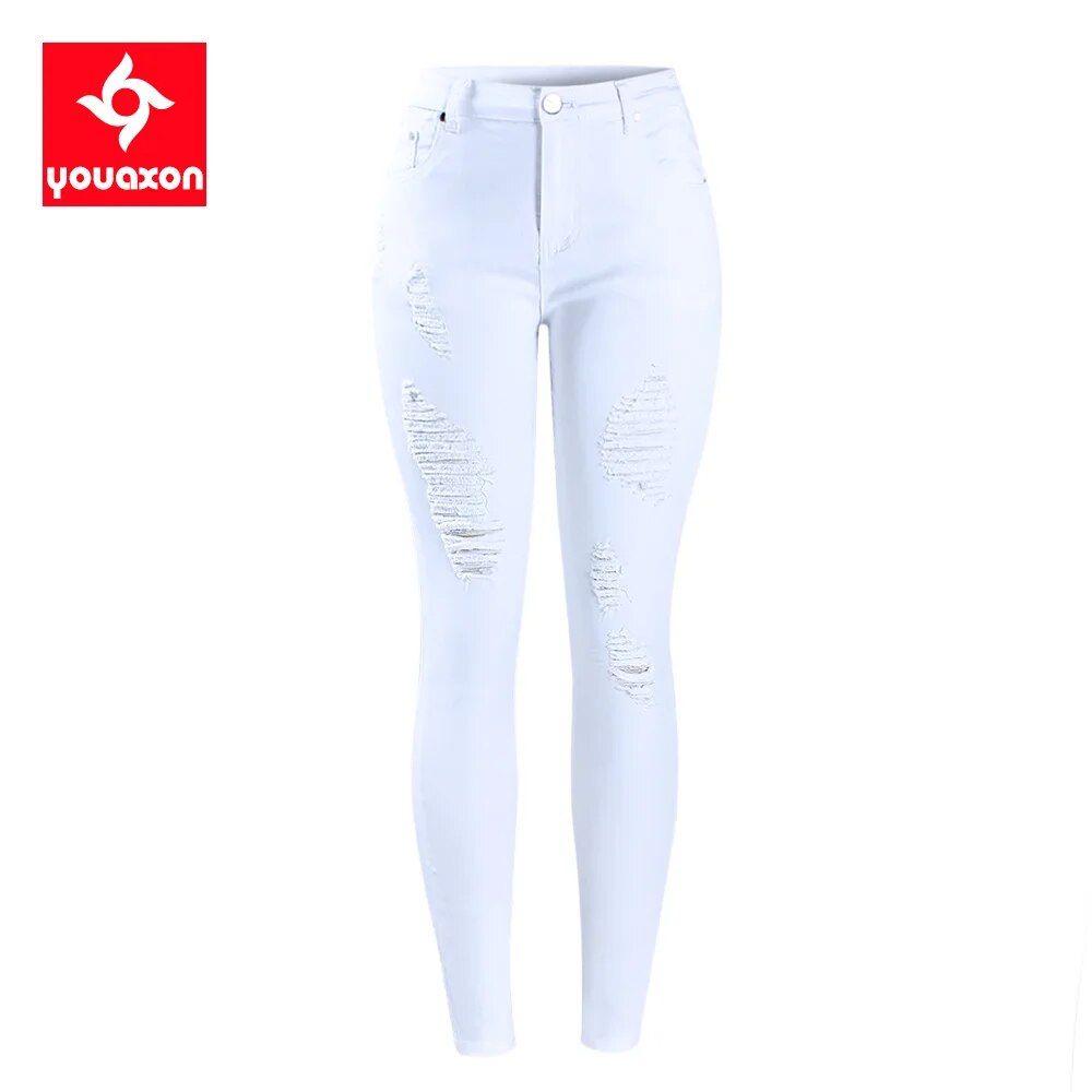 Mid-Waist Distressed Skinny Jeans – Stretch Denim Ripped Pants for Women