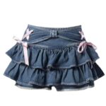 Y2K Ruffle Denim Mini Skirt | Cute A-line Jean Skirt with Elastic Waist