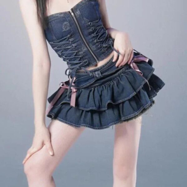Y2K Ruffle Denim Mini Skirt | Cute A-line Jean Skirt with Elastic Waist