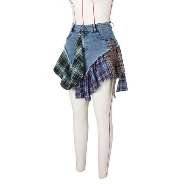 Women’s Plaid & Denim A-line Mini Skirt – Street Chic Cargo Style
