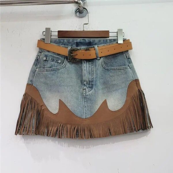 High-Waist Tassel Denim Skirt – Spliced Contrast, A-line Mini for Summer