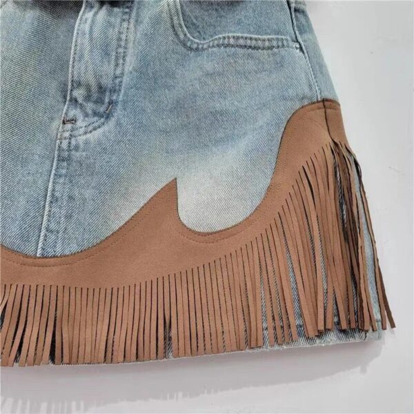 High-Waist Tassel Denim Skirt – Spliced Contrast, A-line Mini for Summer