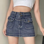 High-Waist Diamond-Pocket Vintage Denim Mini Skirt - A-Line Slim Fit