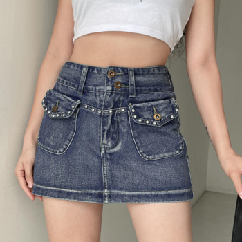 High-Waist Diamond-Pocket Vintage Denim Mini Skirt – A-Line Slim Fit