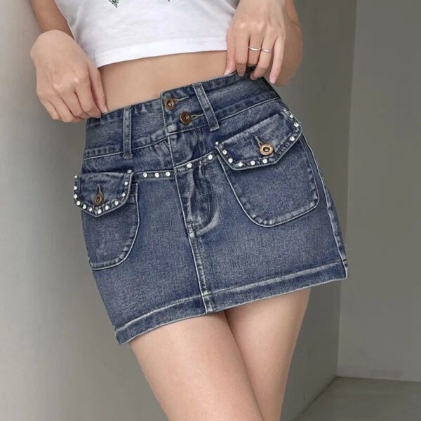 High-Waist Diamond-Pocket Vintage Denim Mini Skirt – A-Line Slim Fit