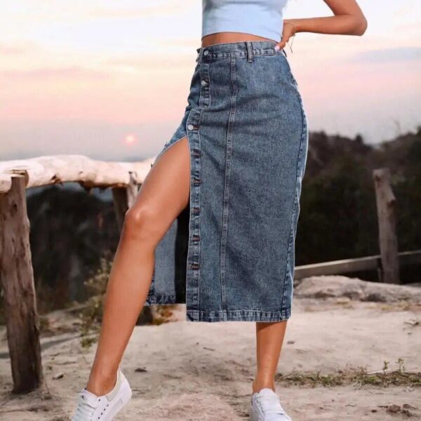 High Waist Denim Maxi Skirt – Vintage-Inspired Longline Jean Skirt with Split