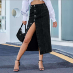 High Waist Denim Maxi Skirt - Vintage-Inspired Longline Jean Skirt with Split