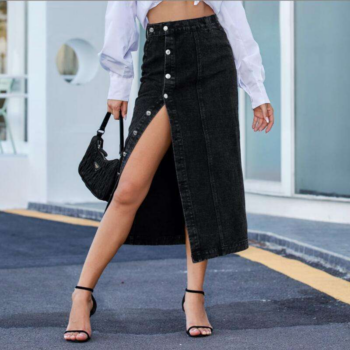 High Waist Denim Maxi Skirt – Vintage-Inspired Longline Jean Skirt with Split