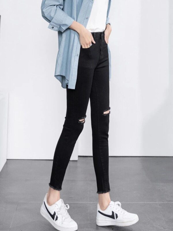 High-Waist Skinny Jeans with Knee Rips – Stretch Denim Ankle Pants for Women