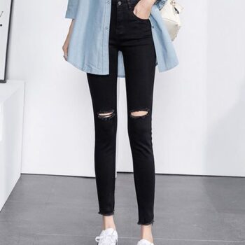 High-Waist Skinny Jeans with Knee Rips – Stretch Denim Ankle Pants for Women