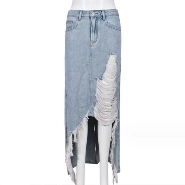 Women’s Stretch-Waist Denim Midi Skirt with Pockets and Raw Hem