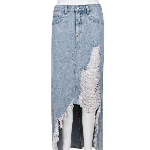 Women’s Stretch-Waist Denim Midi Skirt with Pockets and Raw Hem