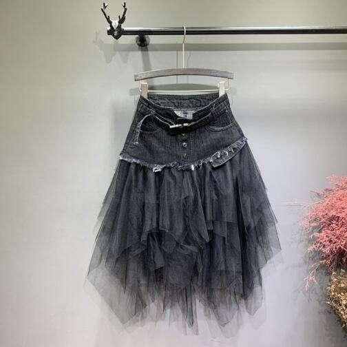 High Waist Gothic Punk Tulle & Denim Skirt