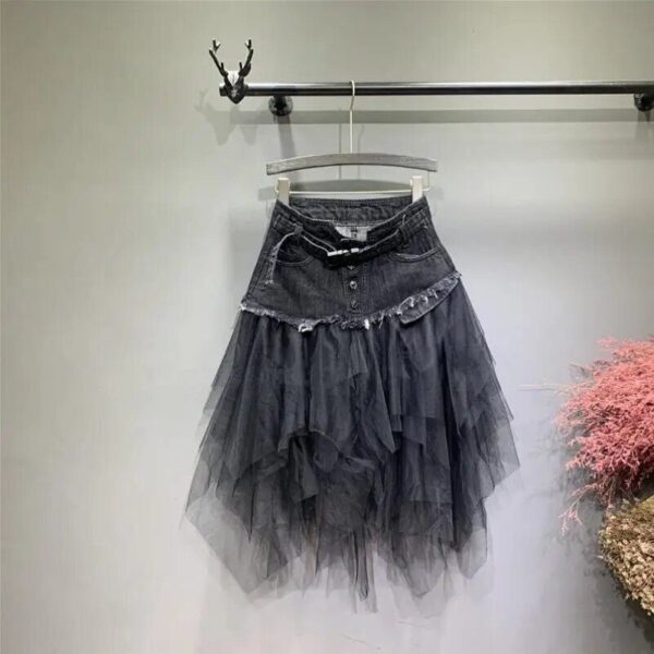 High Waist Gothic Punk Tulle & Denim Skirt