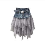 High Waist Gothic Punk Tulle & Denim Skirt