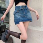 Women's Slim Fit Vintage Denim Mini Skirt with Belt