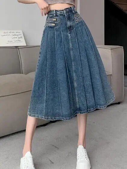 High-Waist A-Line Denim Midi Skirt – Vintage Pleated Y2K Grunge Style