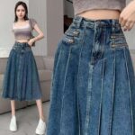 High-Waist A-Line Denim Midi Skirt - Vintage Pleated Y2K Grunge Style