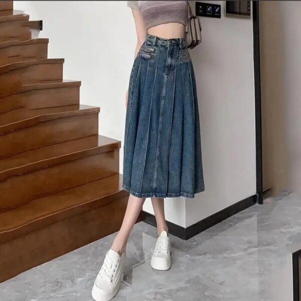 High-Waist A-Line Denim Midi Skirt – Vintage Pleated Y2K Grunge Style