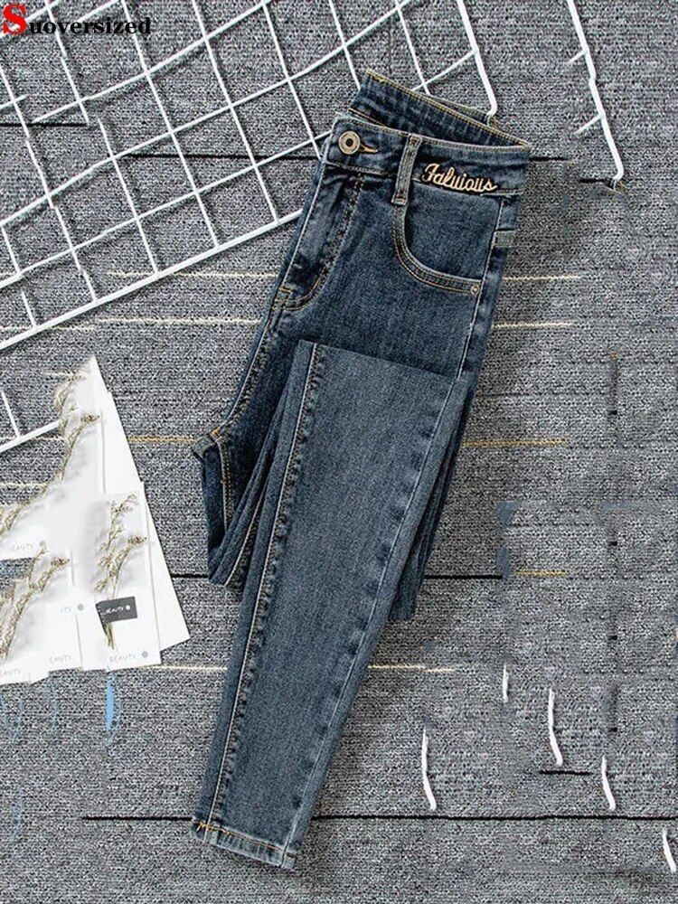 High Waist Skinny Ankle Jeans – Stretch Denim Embroidery Pencil Pants for Women