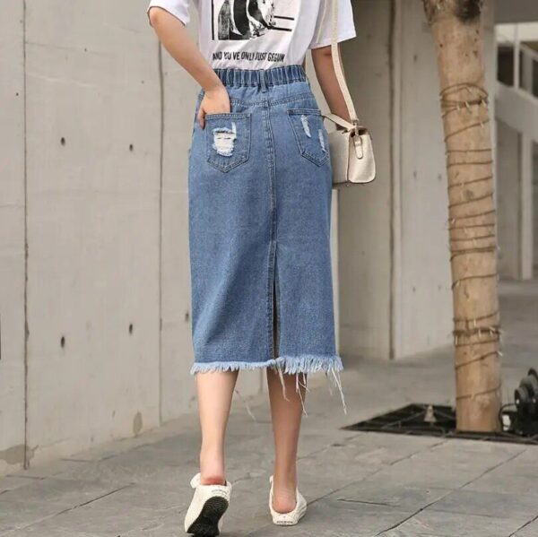 Chic Korean-Style Front Button Denim Skirt with Distressed Detail