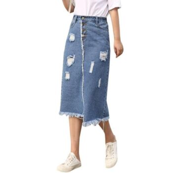 Chic Korean-Style Front Button Denim Skirt with Distressed Detail