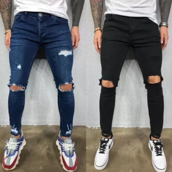 Stretch Skinny Ripped Knee Jeans for Men in Black & Blue