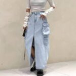 High Waist Vintage Denim Cargo Skirt with Front Split