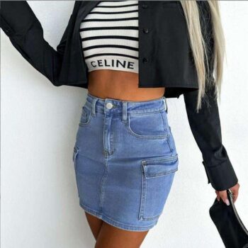 Chic Spliced Pocket Denim Skirt | Casual Mini Jean Skirt for Women