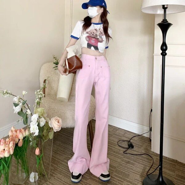 Chic Pink Flare Denim Jeans – Vintage Baggy Y2K Aesthetic – Full Length Women’s Trousers