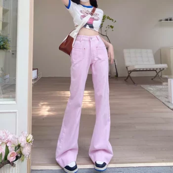 Chic Pink Flare Denim Jeans – Vintage Baggy Y2K Aesthetic – Full Length Women’s Trousers