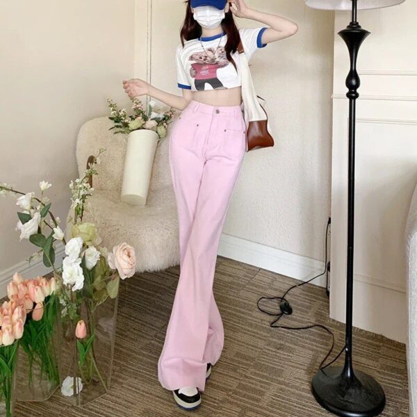 Chic Pink Flare Denim Jeans - Vintage Baggy Y2K Aesthetic - Full Length Women's Trousers - Image 2