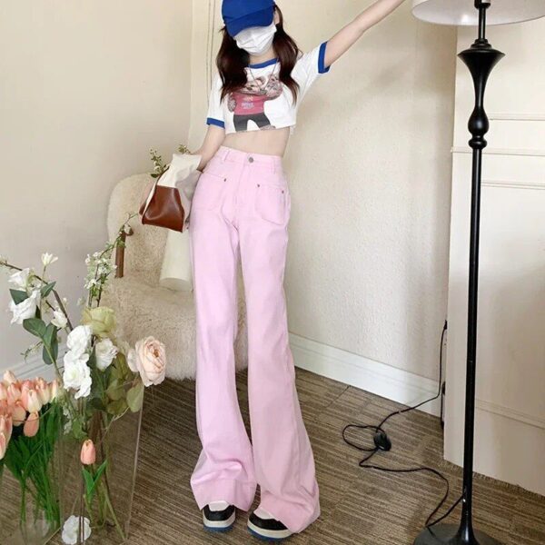 Chic Pink Flare Denim Jeans – Vintage Baggy Y2K Aesthetic – Full Length Women’s Trousers