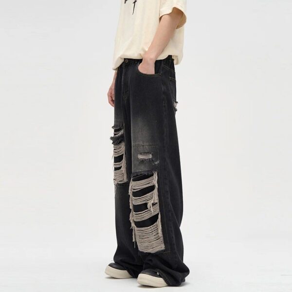 Men’s Distressed Wide Leg Black Jeans – Casual Ankle-Length Y2K & Korean Style Denim