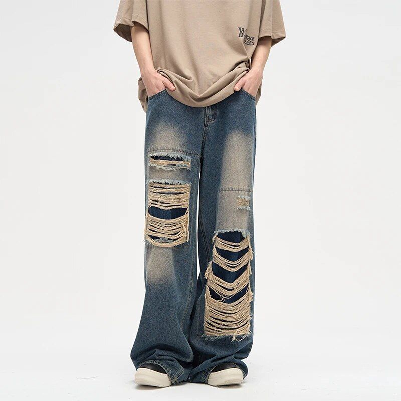 Men’s Distressed Wide Leg Black Jeans – Casual Ankle-Length Y2K & Korean Style Denim