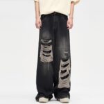 Men's Distressed Wide Leg Black Jeans - Casual Ankle-Length Y2K & Korean Style Denim