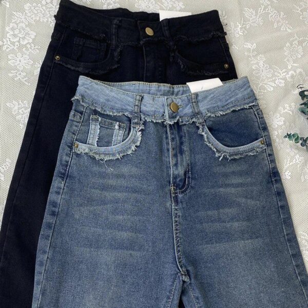 Korean High Waist Flare Jeans – Tassel Hem Button Fly Denim