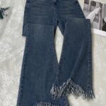 Korean High Waist Flare Jeans - Tassel Hem Button Fly Denim