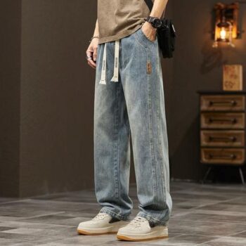 Elastic Waist Men’s Wide-Leg Denim Pants – Casual Korean Style Jeans