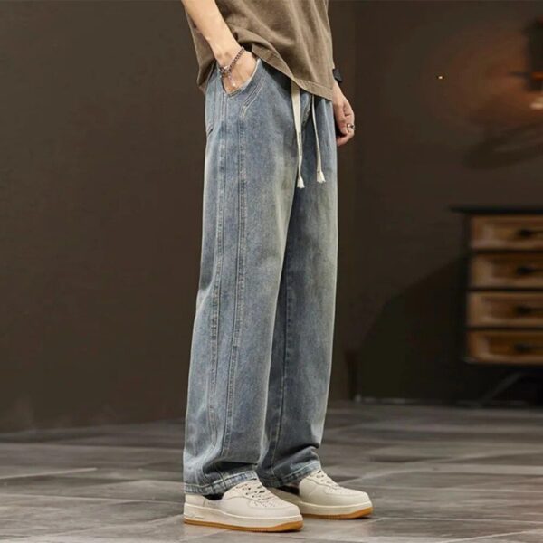 Elastic Waist Men’s Wide-Leg Denim Pants – Casual Korean Style Jeans