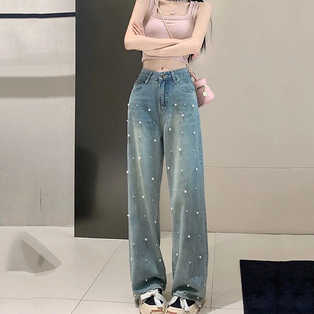 Spring/Summer Pearl-Embellished Baggy Jeans for Women